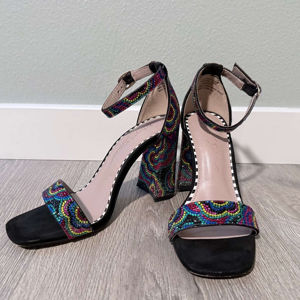 Betsey Johnson Multicolor Beaded Ankle Strap Block Heels - Picture 2 of 9